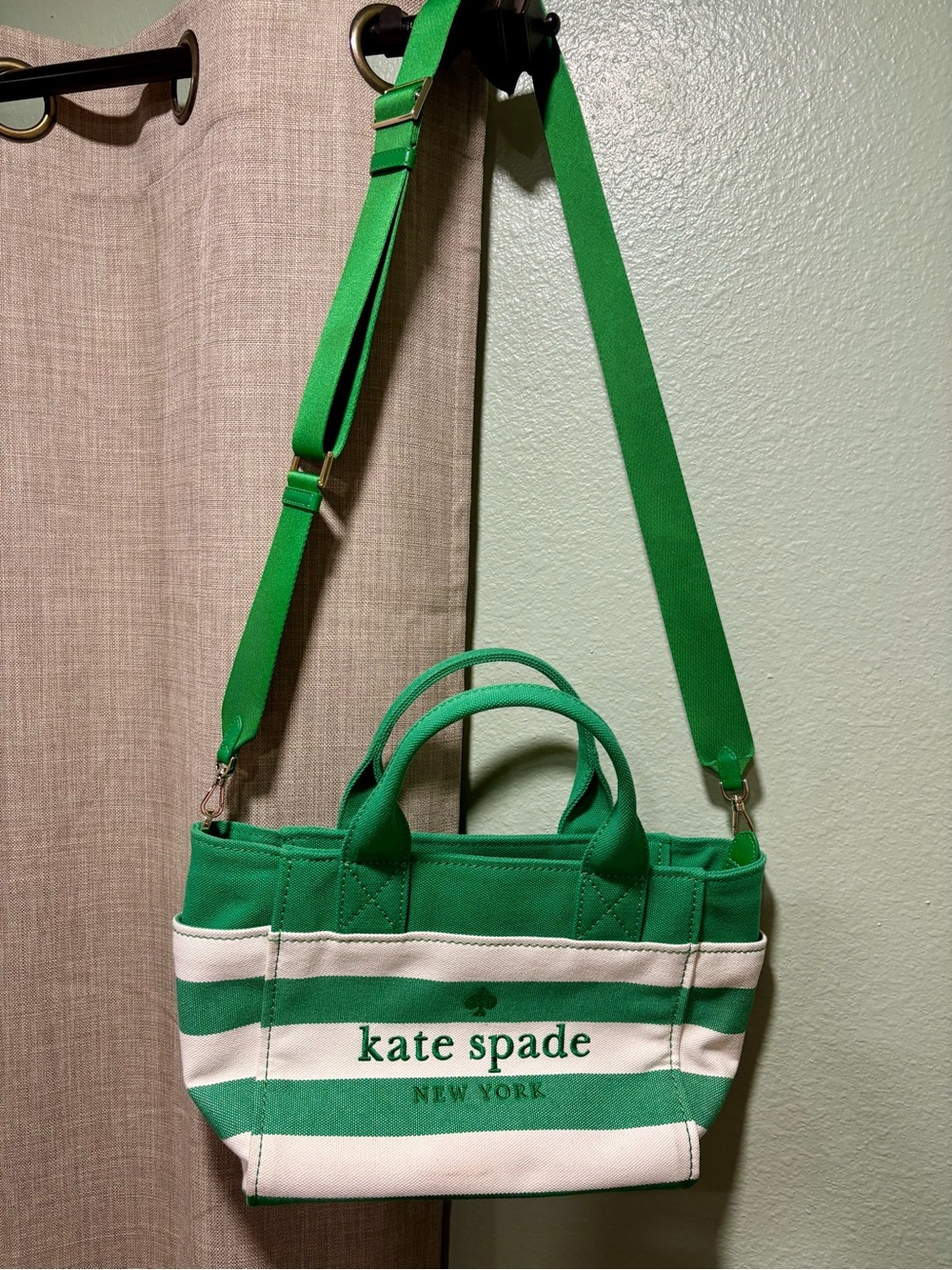 kate spade Green and White Striped Canvas Tote with Adjustable Strap